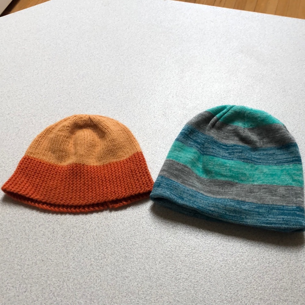 Two beanies, one handmade, one Field Stream